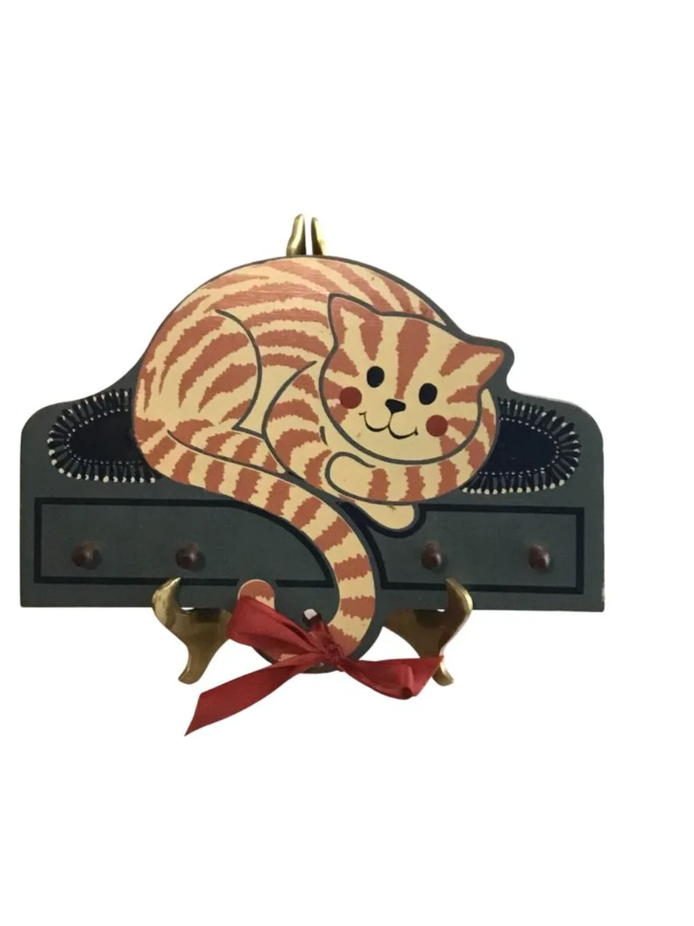 Cat-Themed Wooden Wall Hanging Key Holder With Brass Hooks & Painted Design